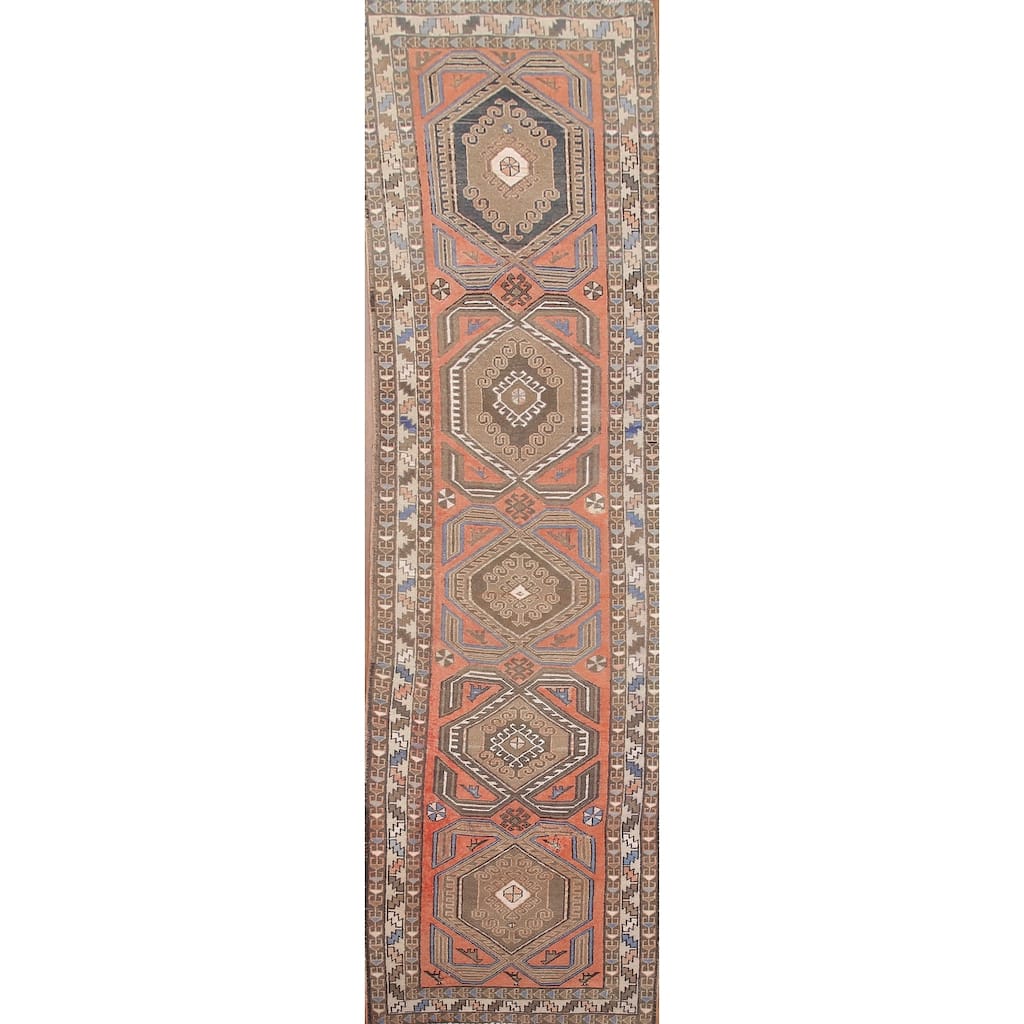 Hand Knotted Oriental 100% Wool Carpet Traditional Tribal Coral Hamedan Runner Rug - 13' 2'' X 3' 5''
