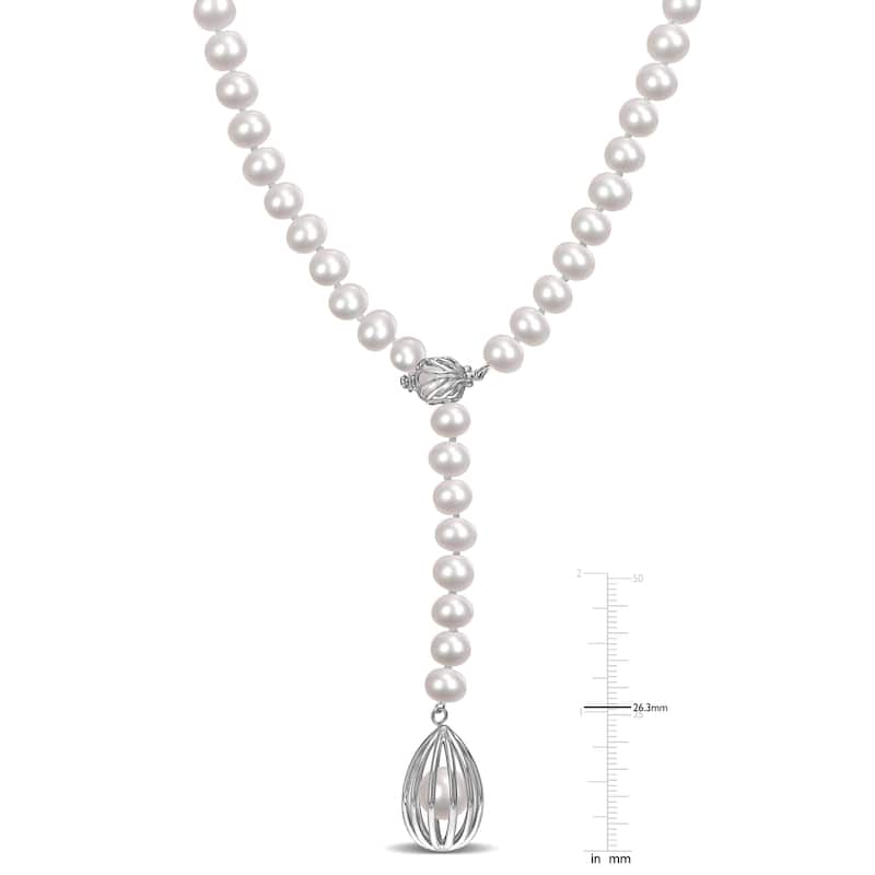 Miadora Cultured Freshwater Pearl Cage Lariat Y-Necklace in Sterling Silver