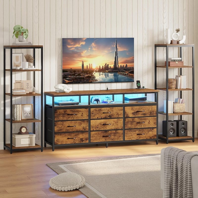 TV Stand Dresser with Bookcase TV Console Table Entertainment Center LED - Brown - 9 Drawers