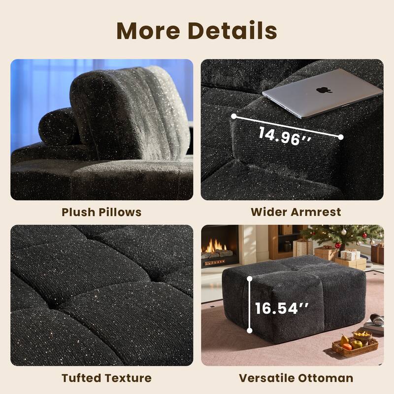 HOOOWOOO Modern Sparkly Velvet Fabric Chaise Sofa Couch with Ottoman