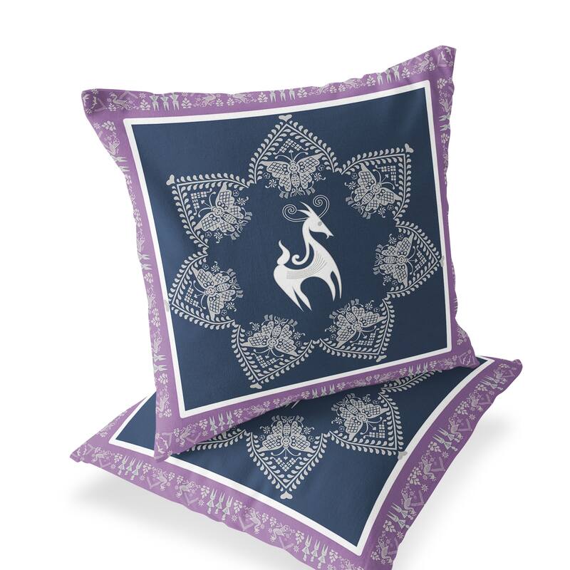 HomeRoots Set of Two 16" X 16" Blue and White Horse Blown Seam Eclectic Indoor Outdoor Throw Pillow - 16.00' X '16.00' X '5.00