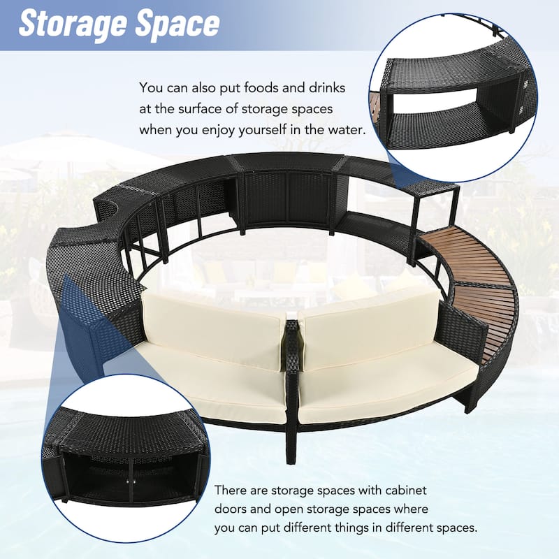 Outdoor Surround Spa Sofa Set with Storage Spaces, Mini Sofa and Cushions, All Weather Round Sectional Sofa, Free Combination