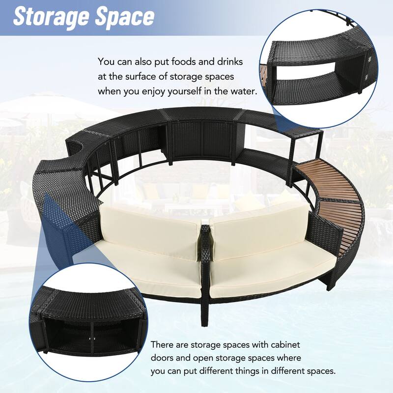 Spa Surround Patio Rattan Sofa Set with Storage, Cushioned Modular Sectional with Bench and Seats for Hot Tub, Backyard
