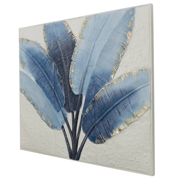 Blue Metal Leaf Palm Tree Home Wall Decor with Gold Foil Accents and White Speckled Details