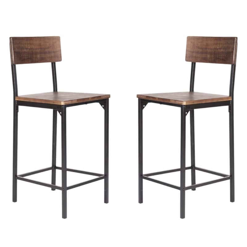 Set of 2 Counter Height Bar Chairs Brown Wood Seat Black Metal Frame 25 Inch - 14.5” x 15” x 36” - Brown-Black