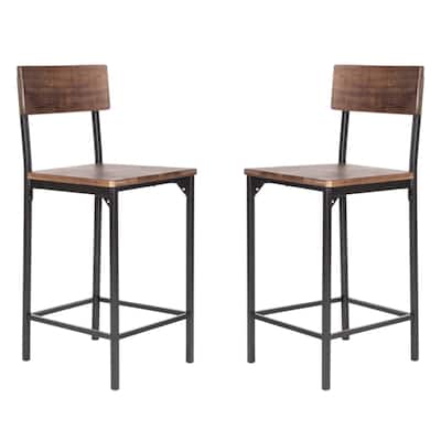 Set of 2 Counter Height Bar Chairs Brown Wood Seat Black Metal Frame 25 Inch - 14.5” x 15” x 36”