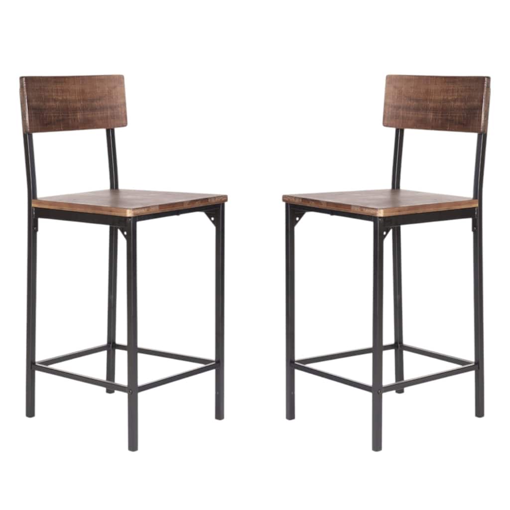 Set of 2 Counter Height Bar Chairs Brown Wood Seat Black Metal Frame 25 Inch - 14.5” x 15” x 36”