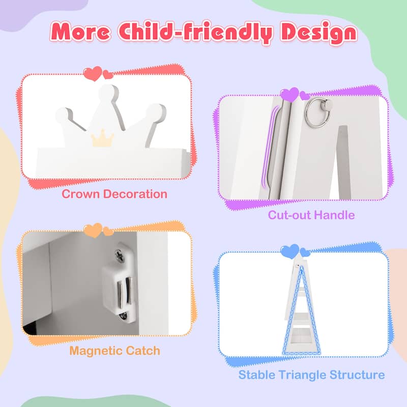 Gymax Kids Jewelry Cabinet w/ Full-Length Mirror Foldable Drawer