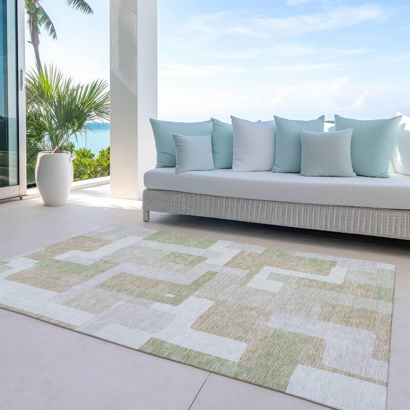 Machine Washable Indoor/ Outdoor Contempoary Blocks Chantille Rug - Beige - 5' x 7'6"