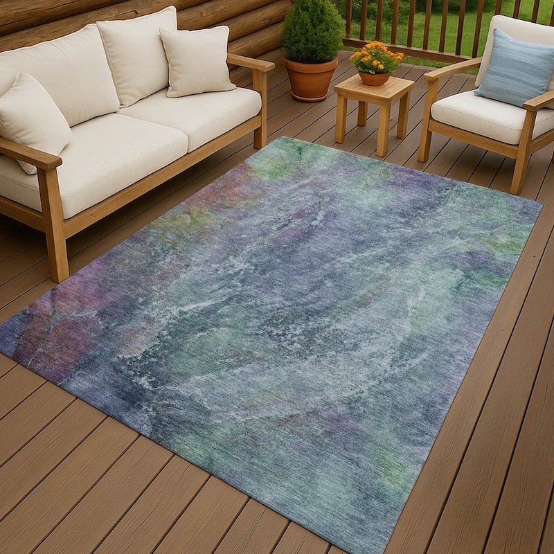 Machine Washable Indoor/ Outdoor Abstract Watercolor Chantille Rug