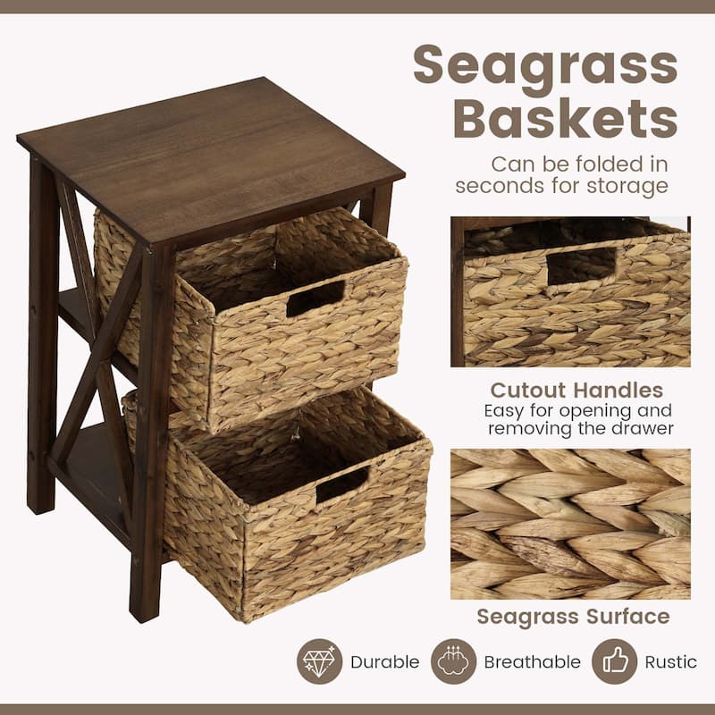 Costway 1/2 PCS 2-Tier Nightstand with 2 Seagrass Baskets Rubber Wood