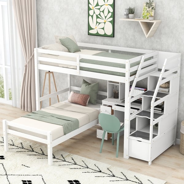 slide 2 of 17, Twin Size Loft Bed with Stand-alone Bed, Storage Staircase, Desk, Shelves, and Drawers, Multi-functional Space Saver, White White