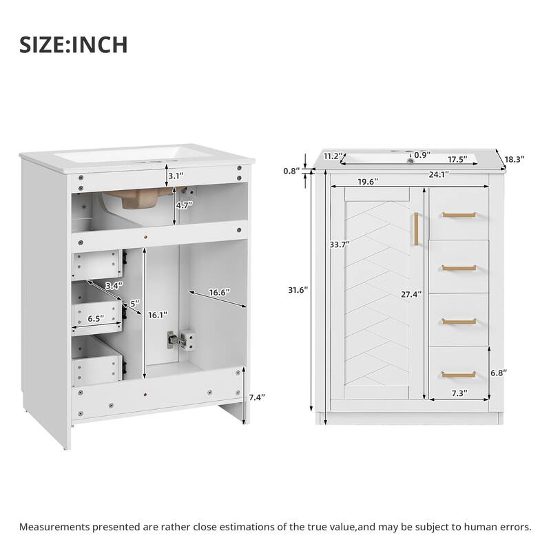 24" Freestanding Bathroom Cabinet with Integrated White Ceramic Sink - 24.1'' x 18.3'' x 33.7''