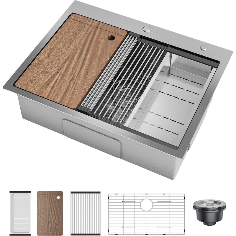 25"X22"X9" Undermount Kitchen Drop In Sink for Easy Installation with Cutting Board - Silver