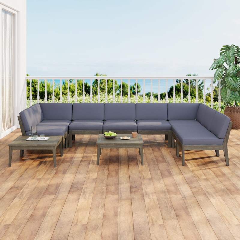 Christopher Knight Home - Xanthe Acacia Wood Patio 10 Piece Sectional Sofa Set with Water Resistant Cushion - Grey Finish+Dark Grey Cushion