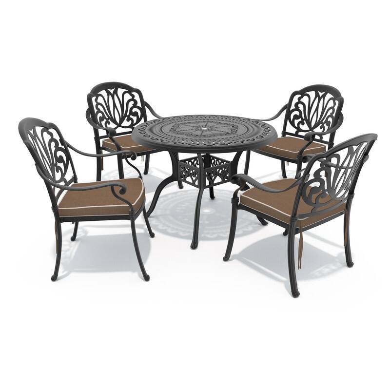 5-Piece Cast Aluminum Outdoor Dining Set with 39.37 in. Round Table and Seat Cushions