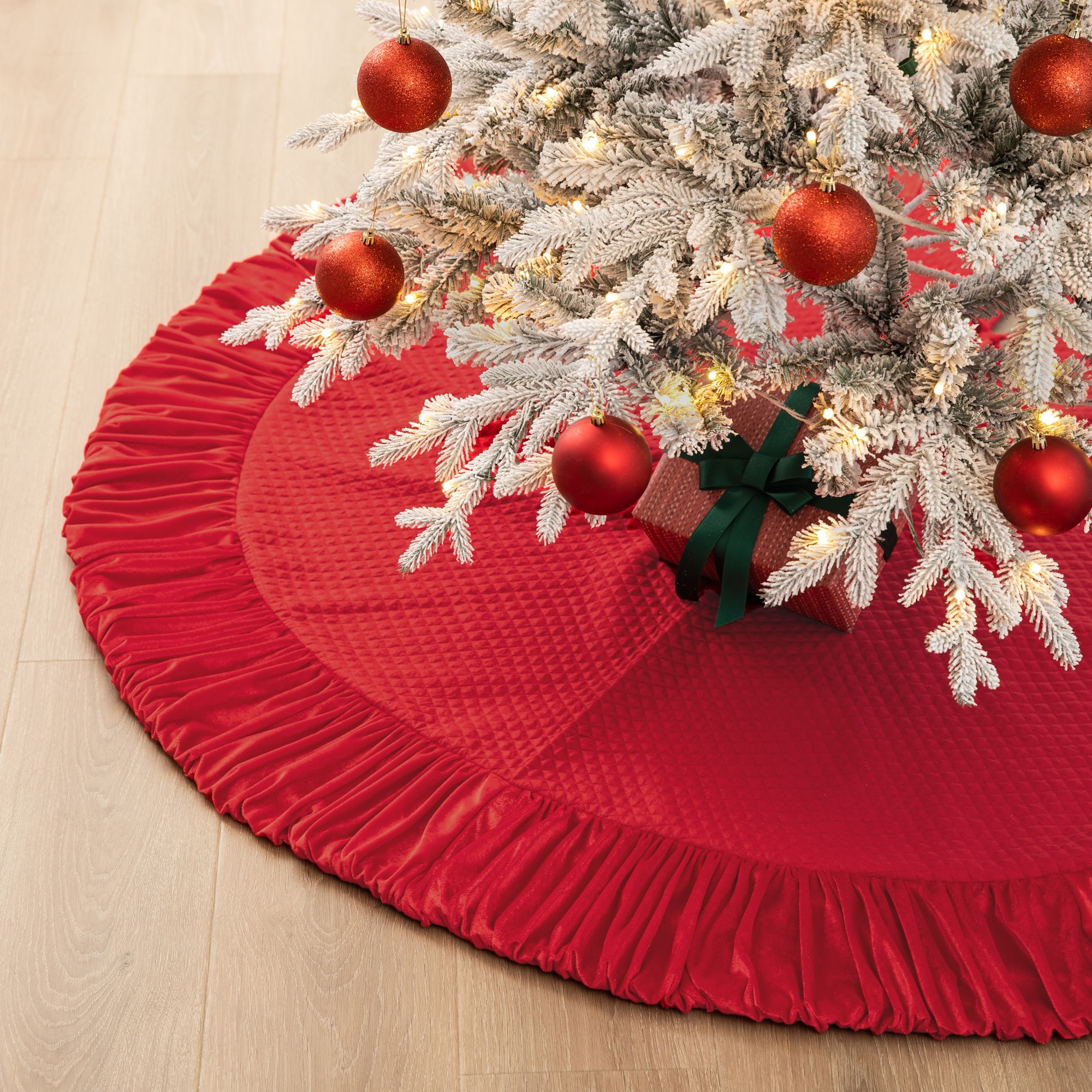Glitzhome 72"D Oversized Deluxe Red/White Velvet Ruffled Christmas Tree Skirt - 37703133