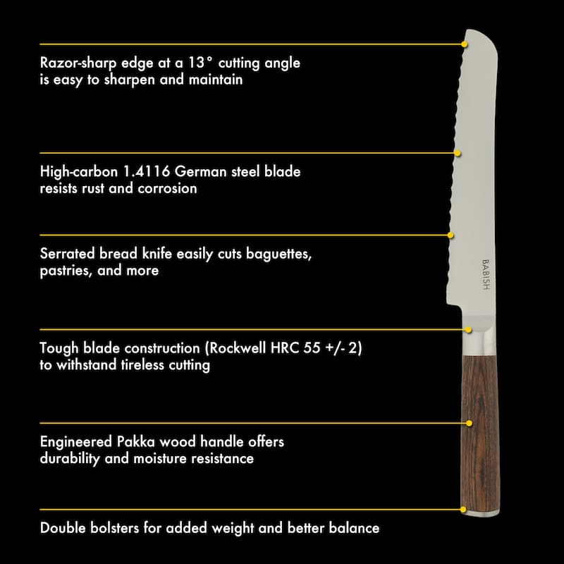 Babish High Carbon 1.4116 German Steel Full Tang 8-Inch Bread Serrated Knife for Slicing Bread, Crusting & Artisan Loaves