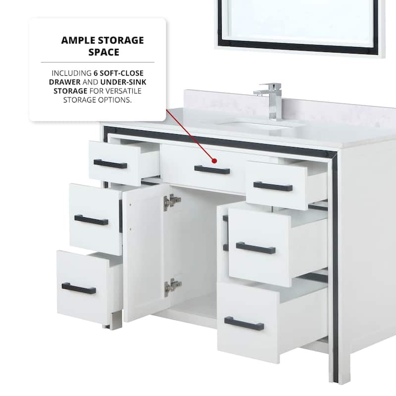 Ziva 48 in W x 22 in D White Bath Vanity, White Quartz Top and 34 in Mirror