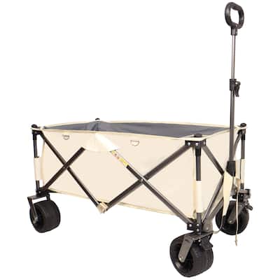 Folding Wagon, Heavy Duty Utility Beach Wagon Cart for Sand with Big Wheels, Adjustable Handle&Drink Holders