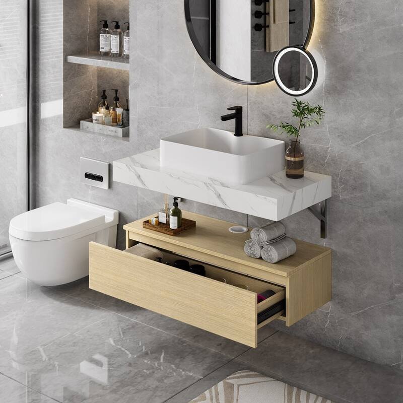 40 Inch Bathroom Floating Vanity Bathroom Vanity Cabinet with Slate Tabletop - 40" - 40" - White