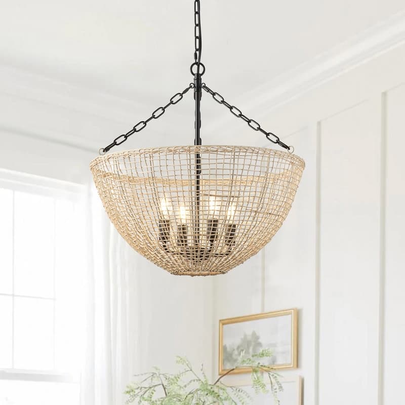 Modern Farmhouse 4-Light Pendant with Woven Rattan Basket Shade and Black Chain Finish