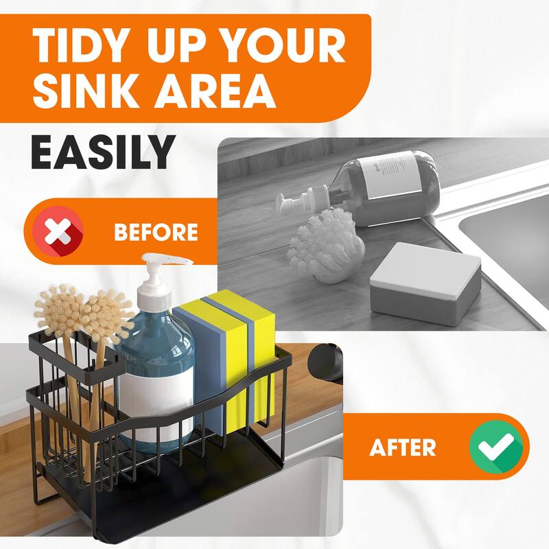 Cheer Collection Sink Caddy Sponge Holder with Drain Tray and Brush Organizer