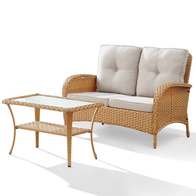 Gymojoy Outdoor Wicker Loveseat with Coffee Table and Outdoor Cushions