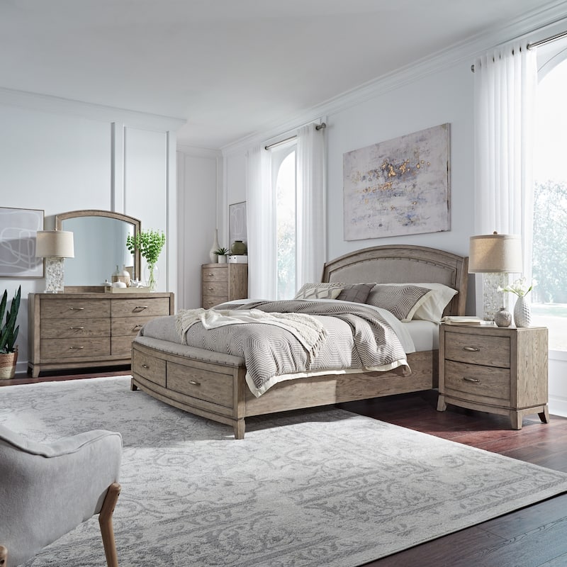 Avalon Burnished Beige Oak Queen Upholstered Storage Bed Bedroom Set
