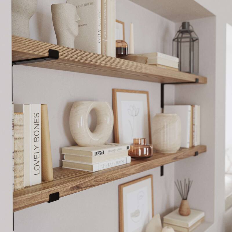 Wallniture Menton 60" x 9.25" Rustic Shelves for Wall Decor, Floating Book Shelves, Wall Mounted, Living Room Decor, Burnt, 2 Pc