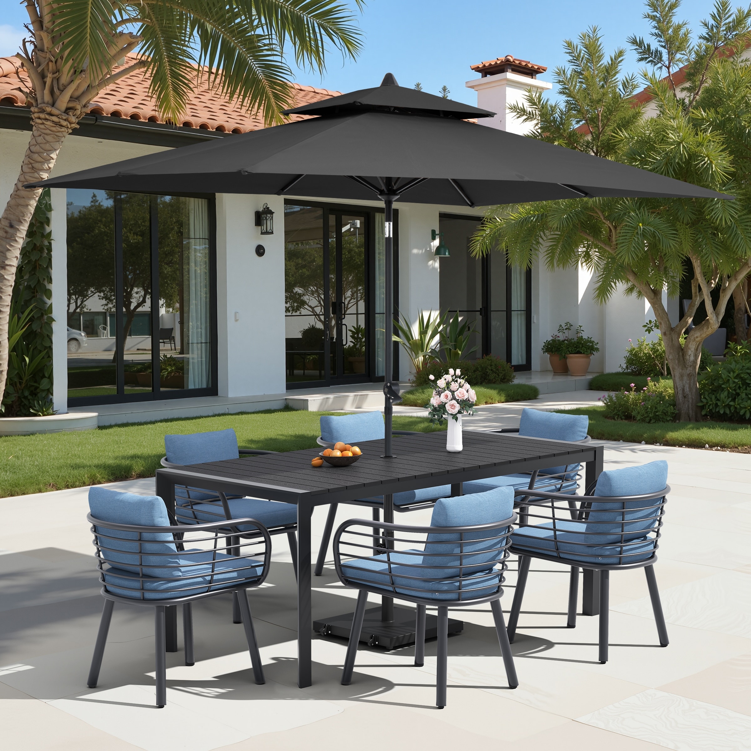 9/11-Piece Outdoor Dining Set w/10 ft Umbrella and Base Aluminum Dining Table and Chairs with Sunbrella Cushions