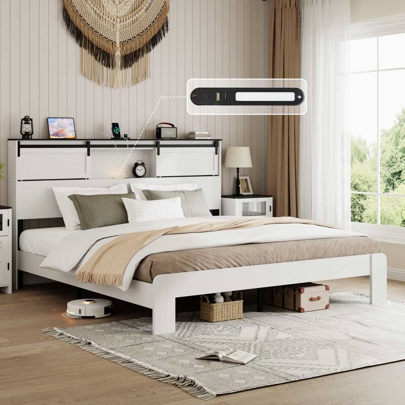 White King Size Metal Bed Frame with Charging Station