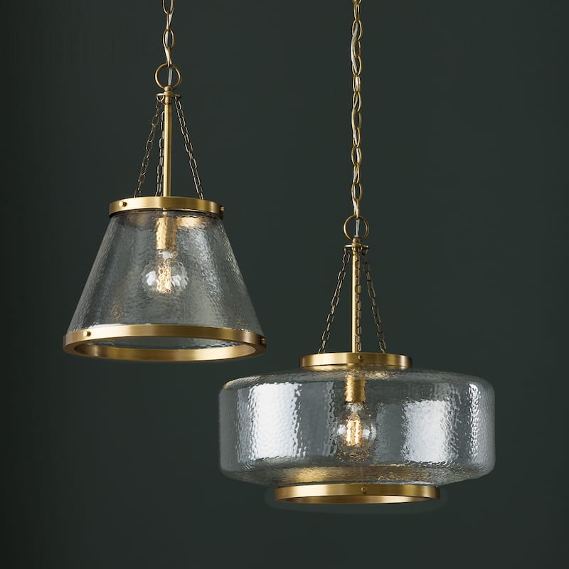 14.5" W x 20.25" H 1-Light Cone Pendant in Aged Brass with Organic Hammered Glass - 14.5"W x 20.75"H