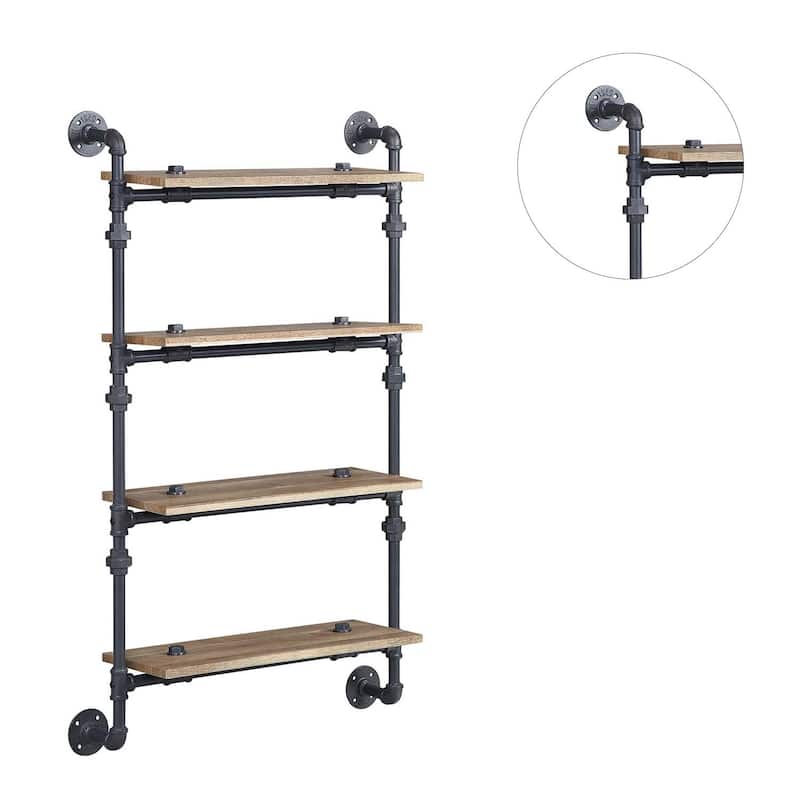 Floating Wood Wall Shelf with Metal Tube in Oak and Sandy Black