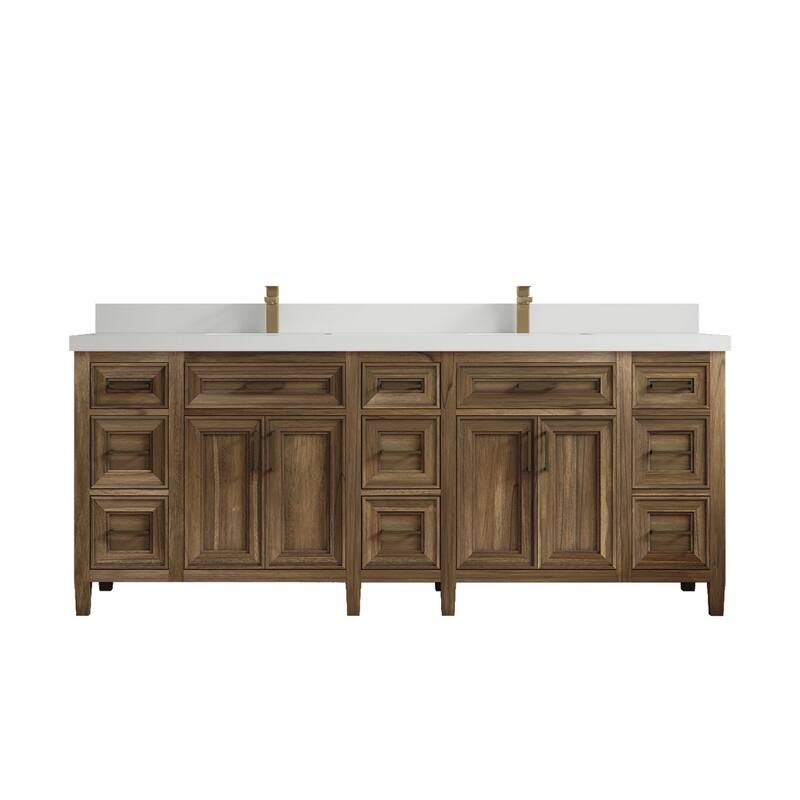 Willow Collections 84 in. W x 22 in. D Santa Monica Teak Double Sink Bathroom Vanity with Countertop - 2" White Quartz - Gray Washed Teak