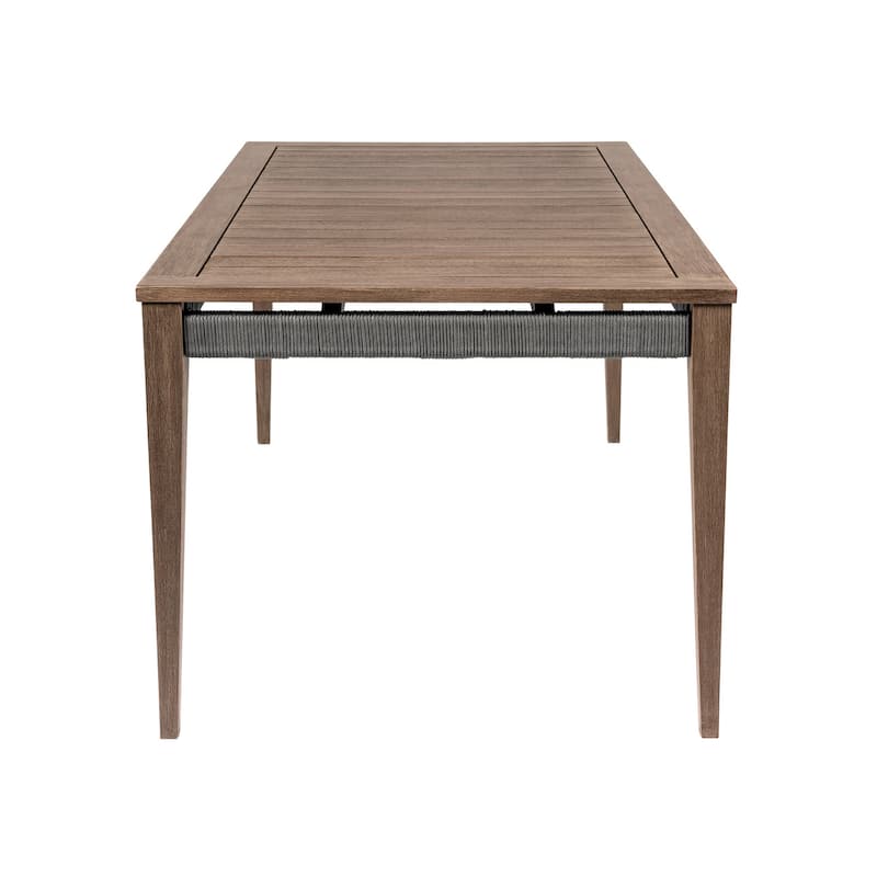 Kimi 65 Inch Outdoor Dining Table, Brown Eucalyptus Wood, Woven Rope Apron