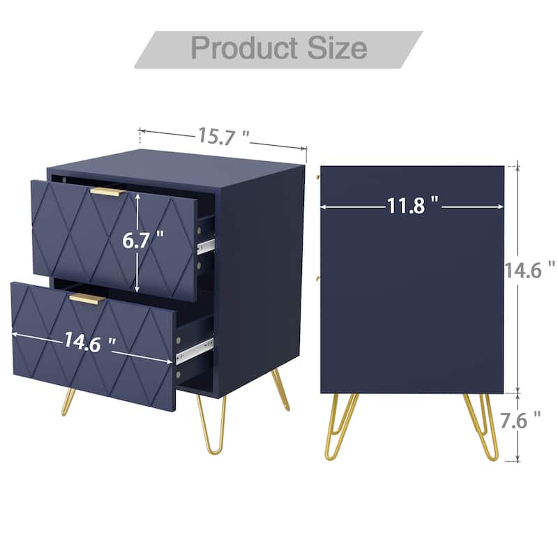 Modern Set of 2 Nightstands with Metal Legs 2-Drawer Bedside Table - Navy Blue-Medium