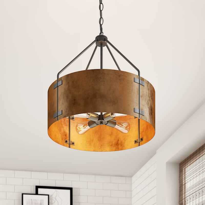 Vintage Matte Black 4-Light Metal Drum Pendant Light with Brown Lampshade