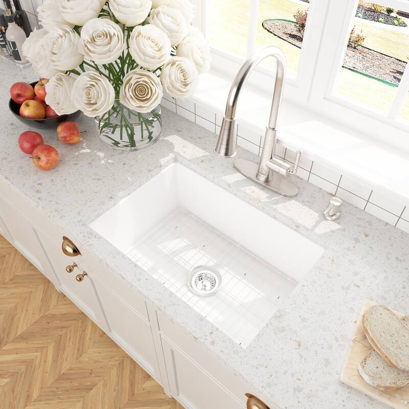 CASAINC All-in-One Undermount Single Bowl Fireclay Kitchen Sink with Pull Down Sprayer Kitchen Faucet, Bottom Grid, and Strainer - 27 x 19 - Glossy White Sink + Pull Down Kitchen Faucet