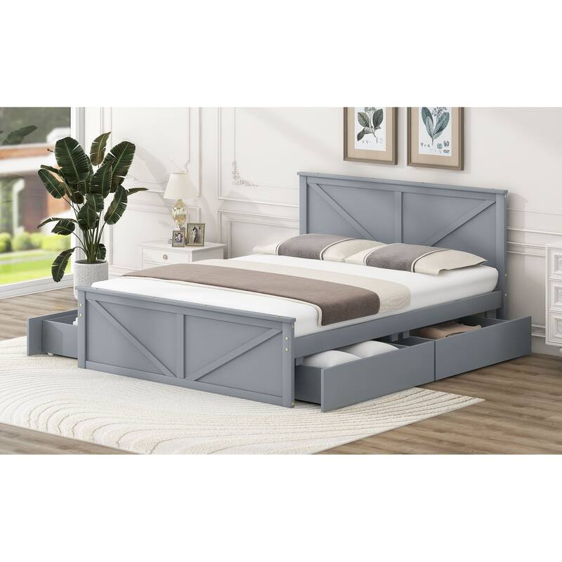 Wooden Storage Platform Bed with 4 Drawers, Headboard & Slatted Support - No Box Spring Needed