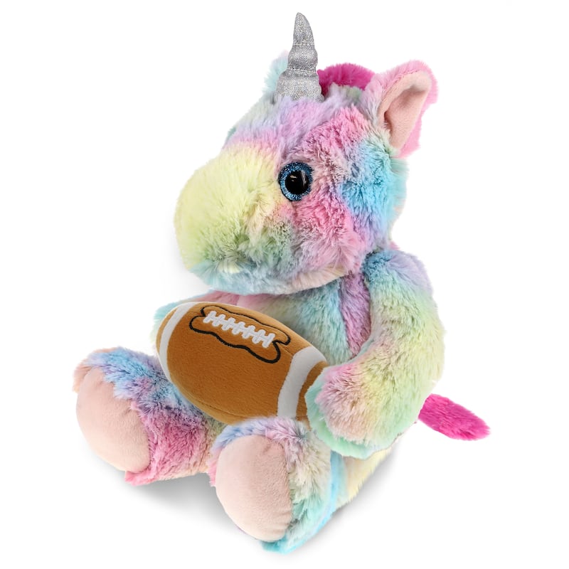 DolliBu Sitting Rainbow Unicorn Stuffed Animal with Football Plush - 10 inches