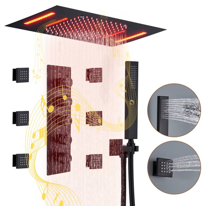 Luxury 4-Spray Patterns 23 in. Ceiling Mount Shower System with Handheld Shower Head, 6 Body Jets, LED, and Music - 15" x 23" - Matte Black