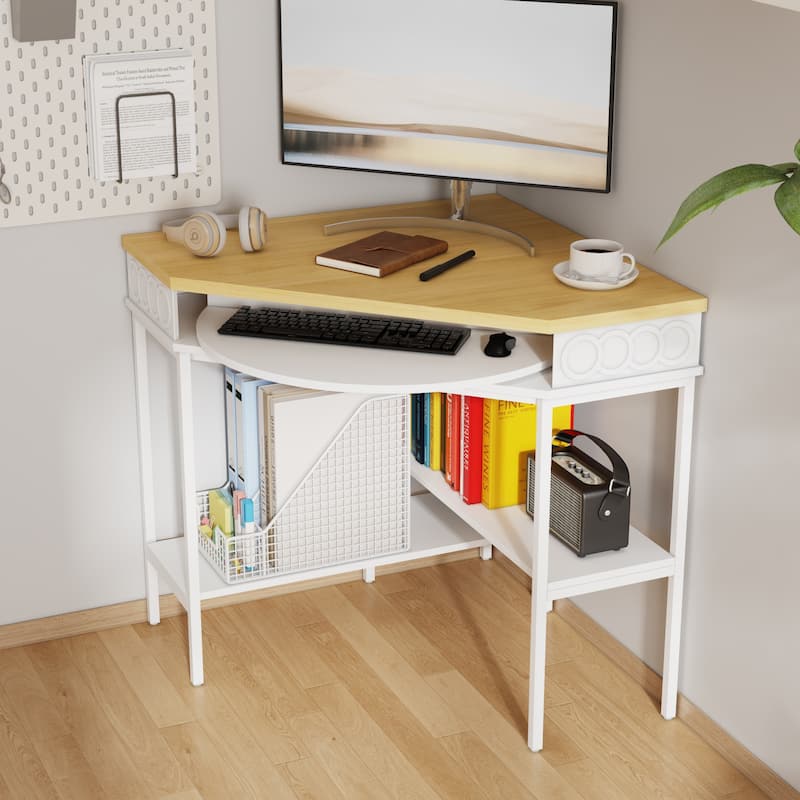 360° Rotating Corner Desk with Pull-Out Keyboard Tray – Small Space L-Shaped Computer Desk White & Oak