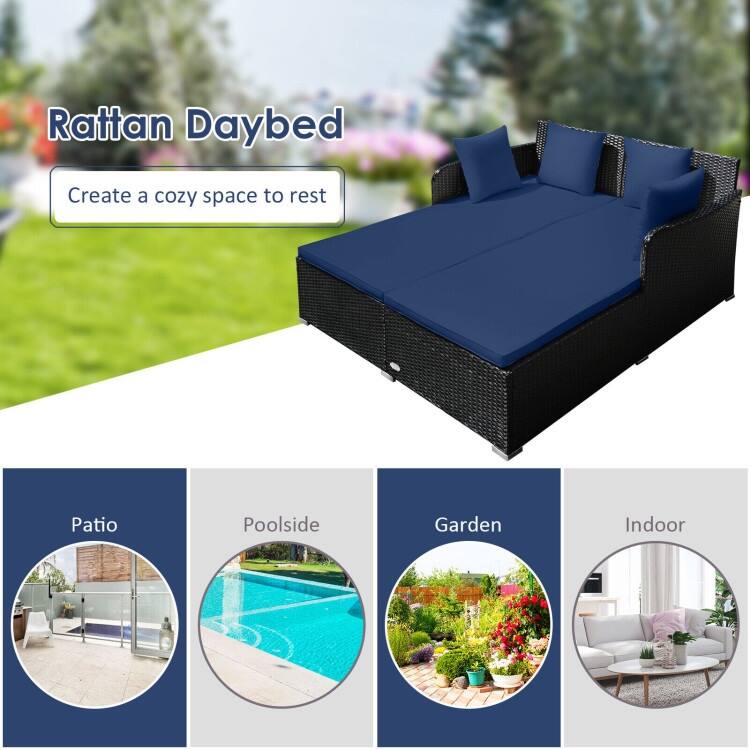Outdoor Rattan Daybed with Cushions for Patio Garden Lounge Seating