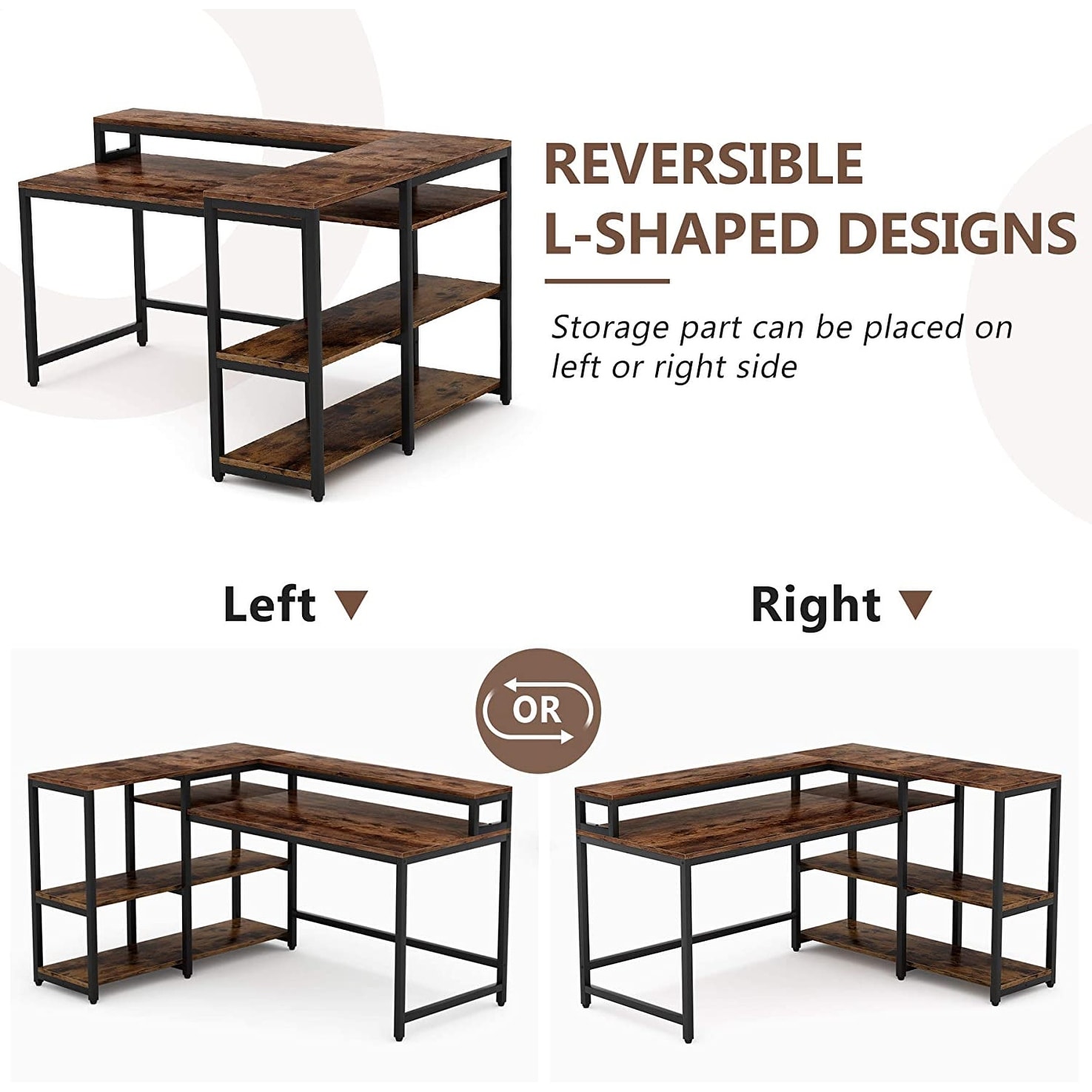 55/53 inch Reversible L Shaped Desk with Storage Shelf and Monitor  Stand,Corner Desk - On Sale - Bed Bath & Beyond - 34471867