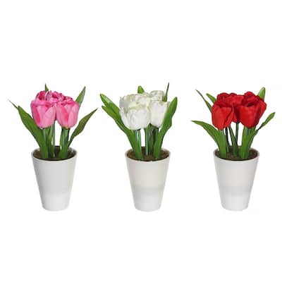 Artificial Tulips In White Plastic Pot (Asstd) - Set of 3