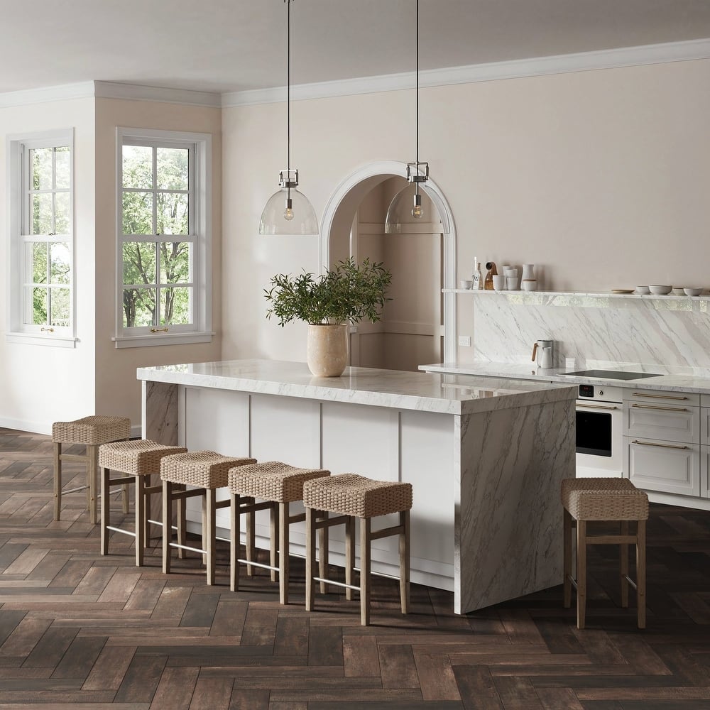 Harvey Rattan Bar Stool, Bohemian Counter Height Stool with Woven Seagrass Seat, Solid Wood Legs, and Metal Footrest