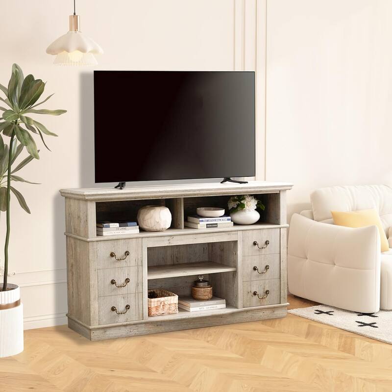 Roomfitters Traditional TV Media Stand, Farmhouse Rustic Entertainment Console, Up to 65" TV, Open and Closed Storage Space - Light Gray