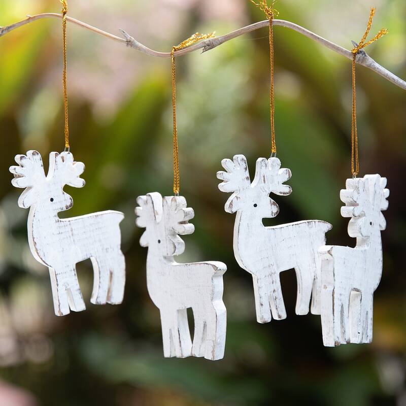 Novica Handmade Snowy Reindeer Wood Holiday Ornaments (Set Of 4)