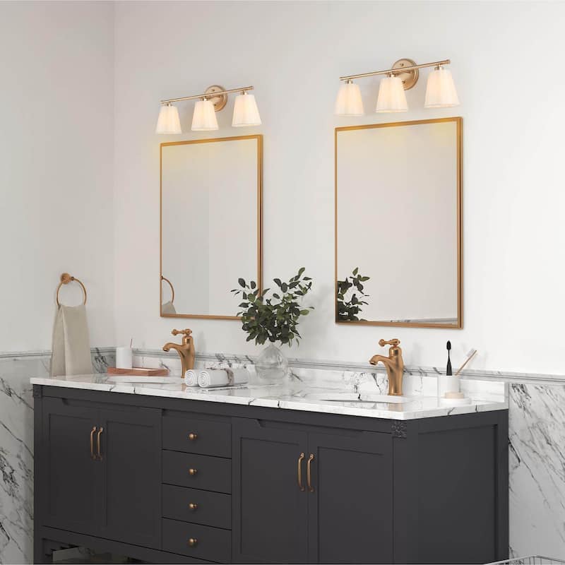 Fabrey Mid-century Modern 3-light Gold Bathroom Vanity Light Cone Beige Fabric Shade Dimmable Wall Sconces